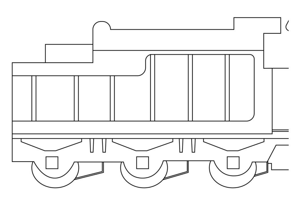 A line drawing of a locomotives tender. It has 3 small wheels where it sits on the track.