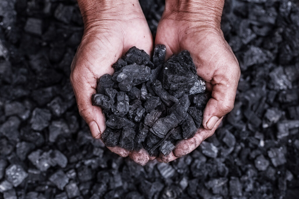Dirty cupped hands with coal dust under the fingernails hold a small pile of black coal scooped from the floor of coal below.