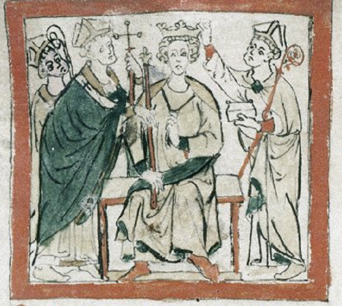 A drawing representing the coronation of Edward the confessor. Edward is sat in the centre with three members of the church are around him. One wears a green cloak whilst the archbishop on the right places the crown upon Edwards head. None of them are smiling. 