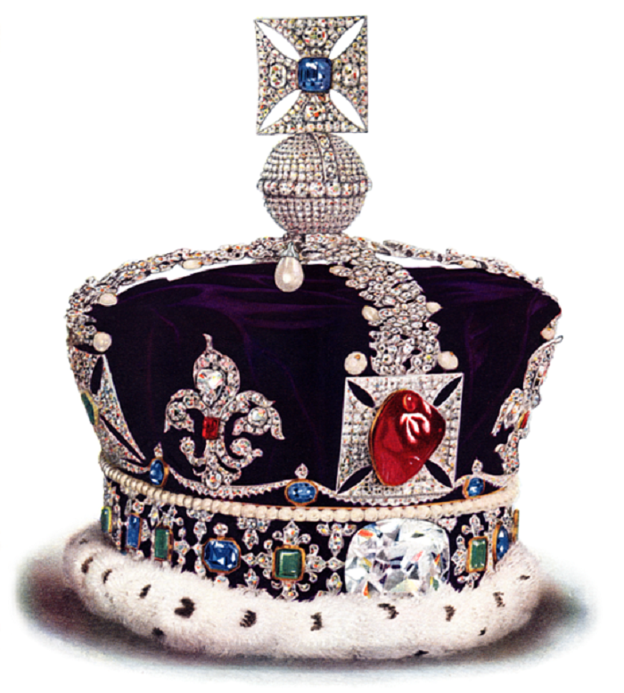 St. Edwards crown. It is made up of a white rim with purple fabric encrusted with white jewels. There are blue and green diamonds circling the rim of the crown with a large red ruby and a beautiful blue sapphire embedded in a diamond square 