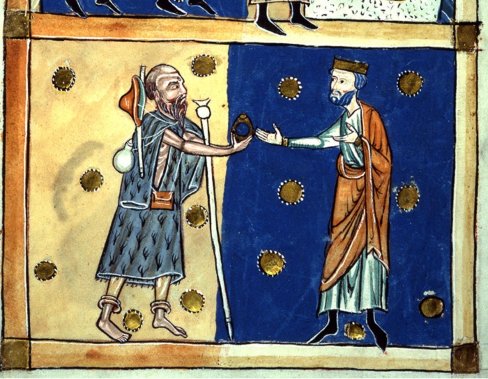 A depiction of the beggar, wearing blue clothes and barefoot standing in the left, handing a large ring back to Edward who wears a white tunic and an orange robe with a gold crown on this right. 