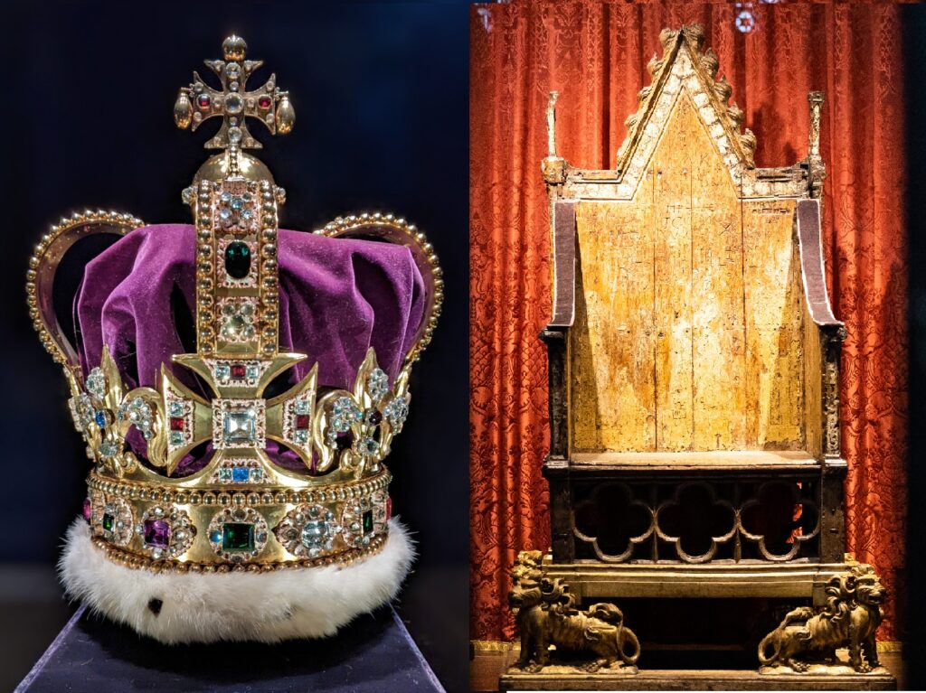 On the left is St. Edward's Crown with gold jewels on top of a white rim and purple body. 

On the right is St. Edwards chair. A wooden throne which looks aged. 