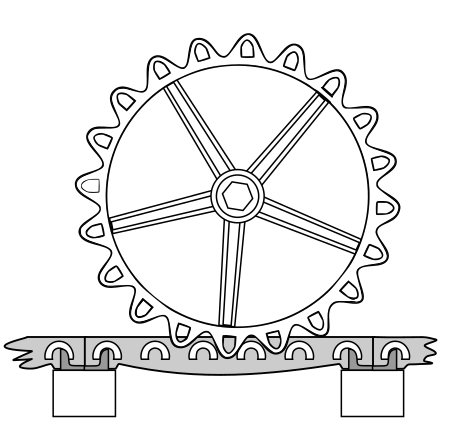 Side profile of rail sat on sleepers. There are curved teeth along the side with a cogged wheel sitting in them 