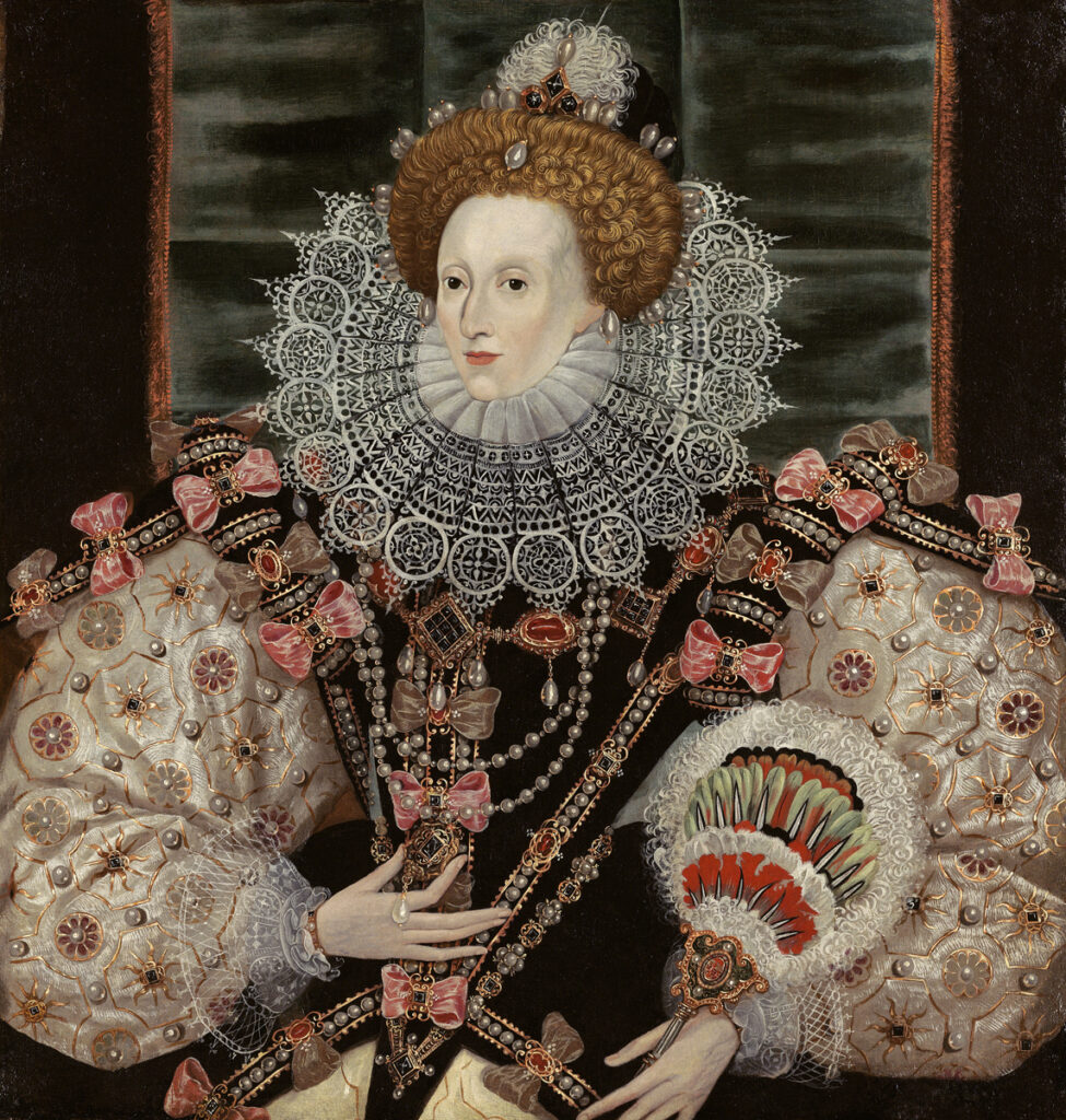 Queen Elizabeth painted from the waist up in an elegant pink and purple dress. It has puffy arms and she has a pearl necklace on.  Her stable white ruff is around her neck.