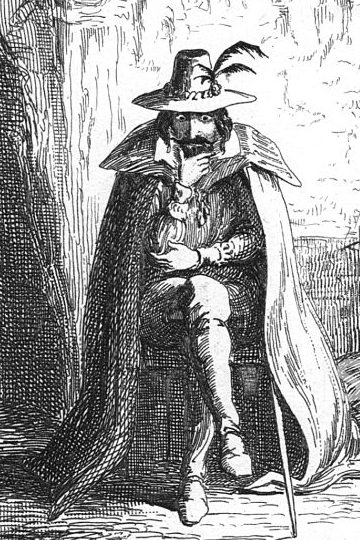 A black and white drawing of Guy Fawkes. He is sitting on a stool wearing a long travel cloak and Tudor attire. His hat has feather in. He has shoulder length hair and a pointed beard.