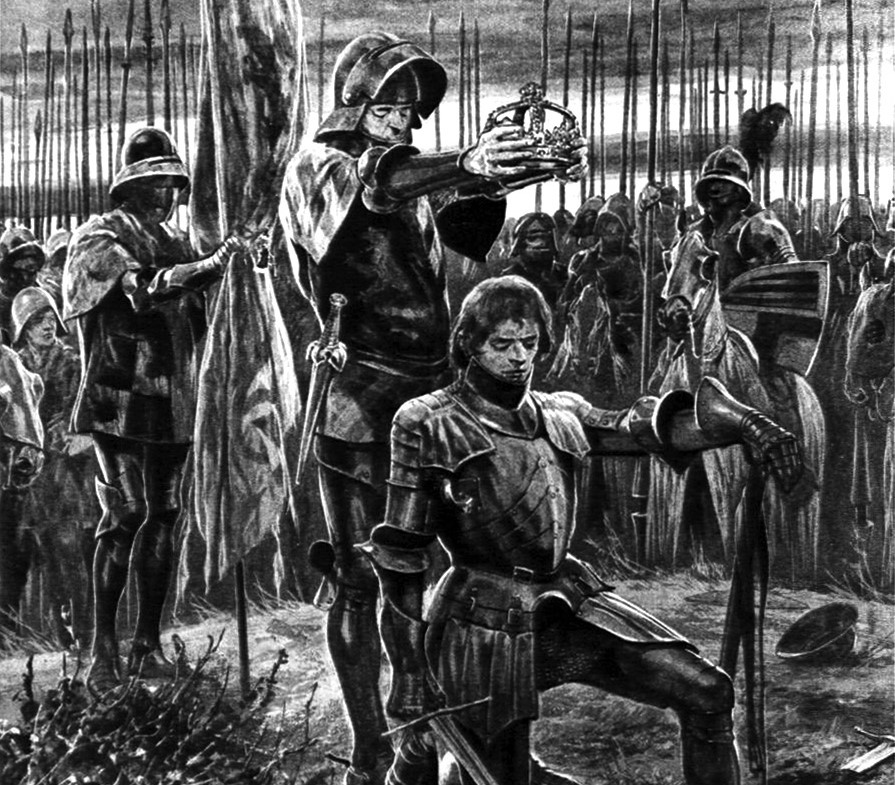 An artist impression of a young Henry the seventh wearing full medieval battle armour having a crown placed on his head whilst he is kneeling down. 