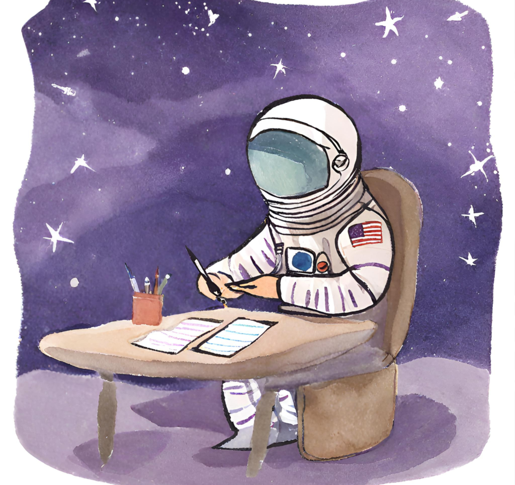 An astronaut wearing a space suit with an American flag on their arm, writing a letter. This image was generate by AI.