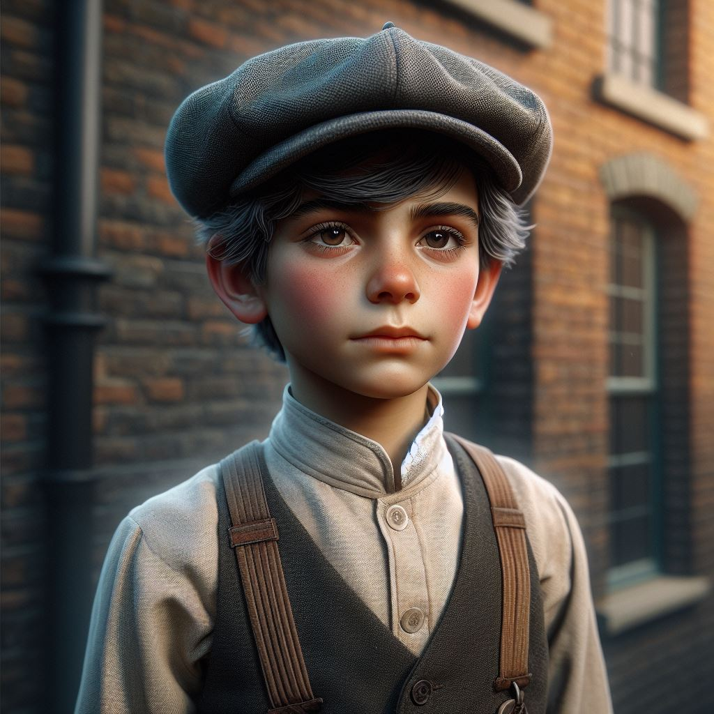 A.I generated chimney sweep from Victorian times. They're wearing a traditional flat cap with a shirt, waistcoat and suspenders. In the background is a brick building. 