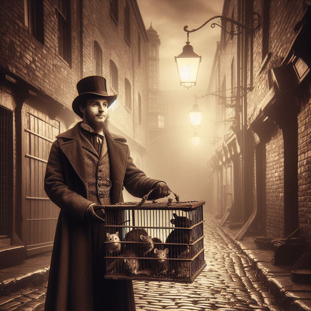 An A.I generated rat catcher in a Victorian street. They are wearing a smart Victorian black coat and top hat whilst carrying a cage full of rats whilst standing on a cobbled stree