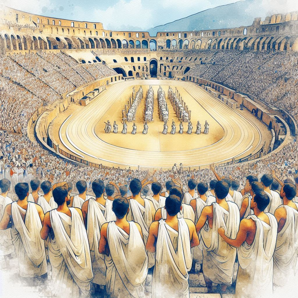 An AI generated image of the Ancient Olympic games. Spectators are wearing togas in a traditional Greek stadium. 